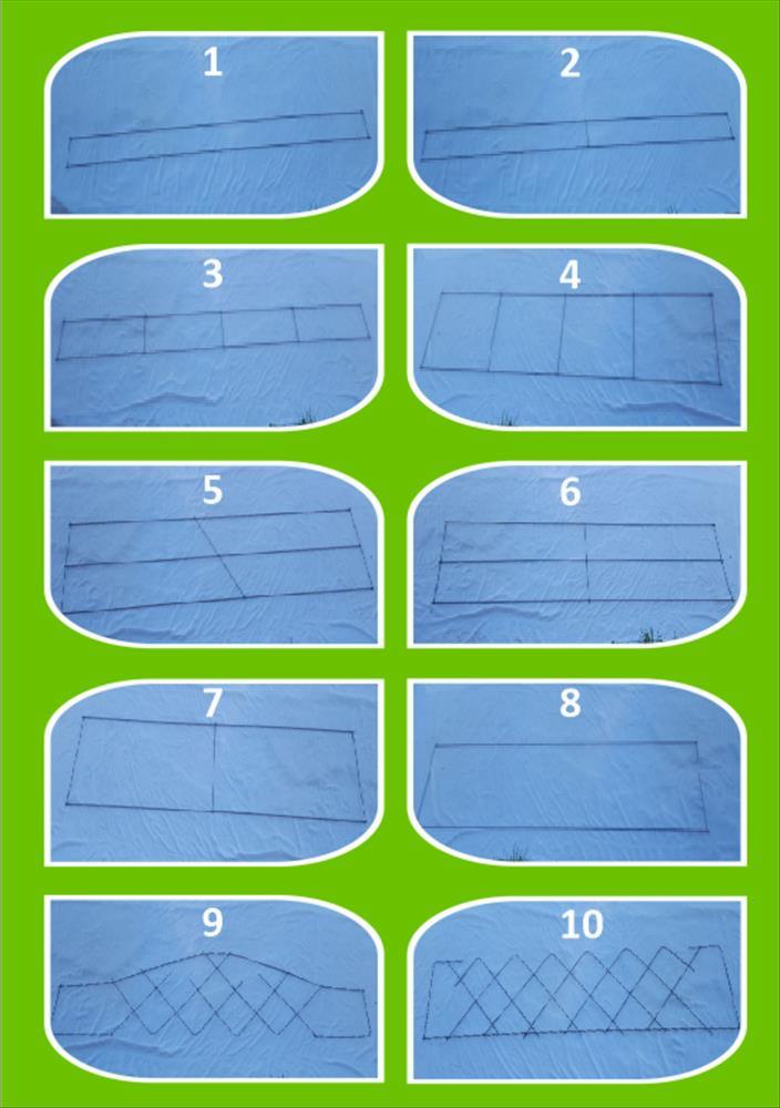 Szkic różnych kształtów zbrojenia na niebieskim materiale, od prostych prostokątów po bardziej skomplikowane siatki z numeracją od 1 do 10.