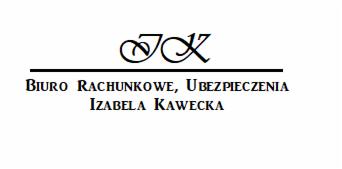 Logo firmy Izabela Kawecka: Biuro Rachunkowe i Ubezpieczenia z ozdobnym znakiem graficznym JK nad nazwą.
