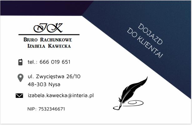 Wizytówka biura rachunkowego Izabeli Kaweckiej z informacją o dojeździe do klienta, numerem telefonu, adresem i NIP-em, ozdobiona stylizowanym piórem.