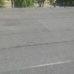 Szary, płaski dach pokryty papą, widoczne łączenia i niewielkie nierówności, w tle zieleń drzew.