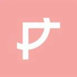 Białe logo na koralowym tle. Logo przedstawia stylizowaną literę 'P' z elementami przypominającymi strzałkę.