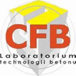 Logo firmy CFB Laboratorium Technologii Betonu na tle geometrycznej kompozycji w odcieniach szarości, żółci i czerwieni.