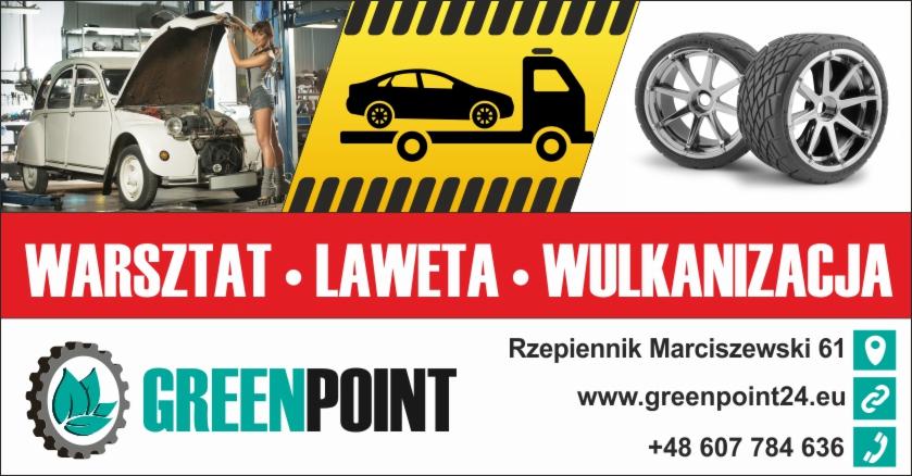 Baner reklamowy warsztatu samochodowego z grafiką lawety, opon i kobiety naprawiającej Citroena 2CV z otwartą maską.