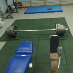 Ciężki sztanga na zielonej gumowej podłodze siłowni, obok niebieska ławka do ćwiczeń, w tle hantle i mata do ćwiczeń.