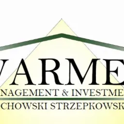 Logo firmy Warmet Management & Investment Stochowski Strzepkowski s.c. z zielonym elementem graficznym przypominającym dach.