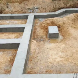 Wylane betonowe fundamenty domu jednorodzinnego, widoczne wystające pręty zbrojeniowe, ziemia wewnątrz wykopu oraz betonowy sześcian w rogu.