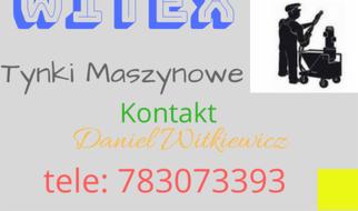 Grafika reklamowa firmy budowlanej: Logo 'WiteX', napis 'Tynki Maszynowe', dane kontaktowe (imię, nazwisko, telefon) oraz sylwetka pracownika z maszyną do tynkowania.