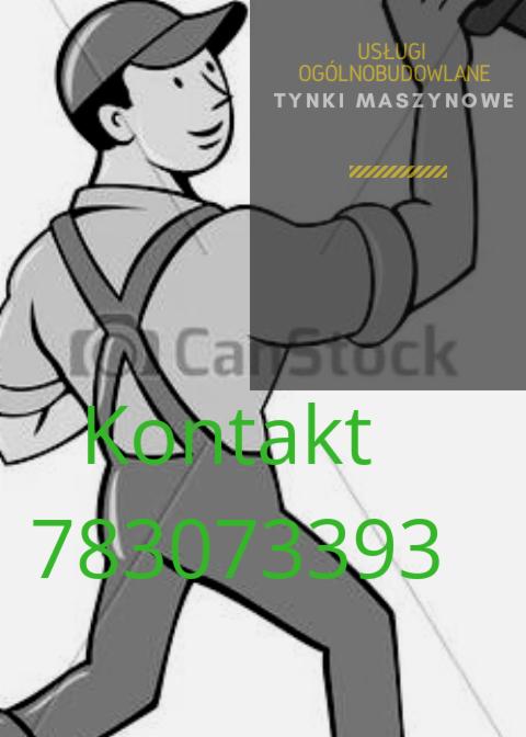 Karykatura murarza w czapce i szelkach, z napisem 'Kontakt 783073393' i tekstem 'Usługi ogólnobudowlane' na szarym tle.