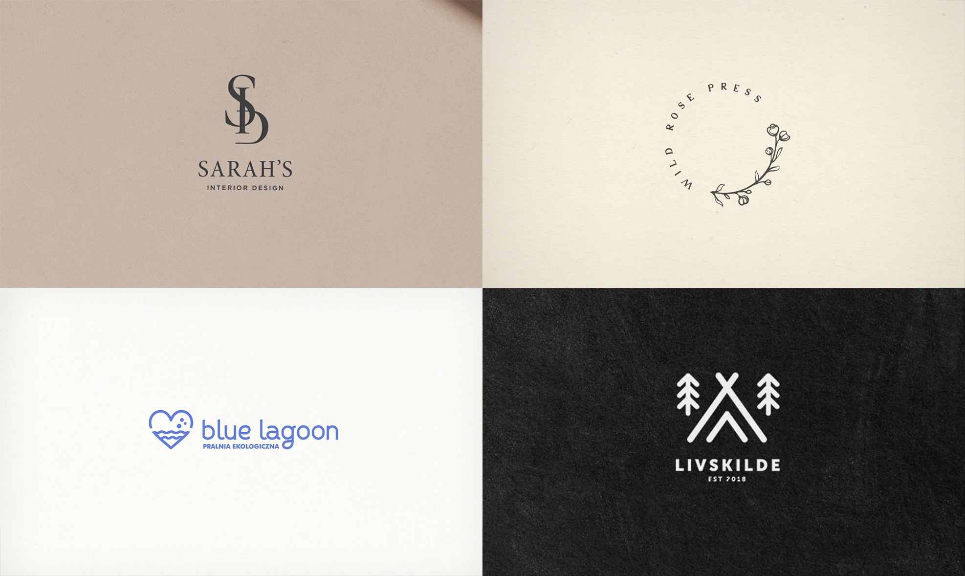 Kompilacja czterech minimalistycznych projektów logo: logo z monogramem 'SD' dla studia projektowania wnętrz, logo z kwiatowym wieńcem, logo 'Blue Lagoon' z motywem serca i fal oraz logo...