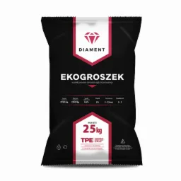 Czarny worek z napisem 'EKOGROSZEK' marki Diament, z informacjami o parametrach węgla i wadze 25kg, na białym tle.