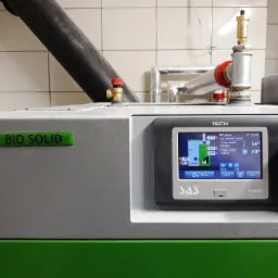 Szaro-zielony piec BIO SOLID z wyświetlaczem kontrolnym SAS ST-555P, widoczne rury instalacji CO w tle, instalacja wykonana w Nowym Targu.