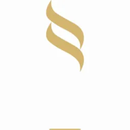 Złote, abstrakcyjne logo przedstawiające dwie, zakrzywione linie na białym tle.