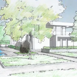 Szkic koncepcyjny nowoczesnego ogrodu z minimalistycznym domem w tle, uwzględniający geometryczny układ trawników, drzew i wąski, podłużny basen z niebieską wodą.