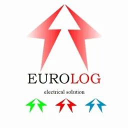 Logo firmy EUROLOG z czerwonym symbolem błyskawicy skierowanej w górę, napisem 'electrical solution' i trzema mniejszymi symbolami błyskawicy w kolorach zielonym, czerwonym i niebieskim.