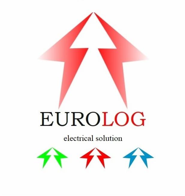 Logo firmy EUROLOG z czerwonym symbolem błyskawicy skierowanej w górę, napisem 'electrical solution' i trzema mniejszymi symbolami błyskawicy w kolorach zielonym, czerwonym i niebieskim.