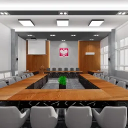 Wizualizacja sali konferencyjnej z dużym stołem w kształcie litery U, białymi krzesłami, drewnianymi panelami na ścianach i godłem Polski. Na stole stoi roślina w doniczce.