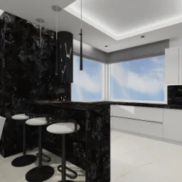 Wizualizacja nowoczesnej kuchni z czarnym marmurem na ścianie i blacie, białymi szafkami, oknem z widokiem na błękitne niebo oraz trzema białymi hokerami przy barze.