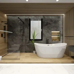 Nowoczesna łazienka z wolnostojącą białą wanną, kabiną prysznicową typu walk-in, umywalką nablatową na czarnej szafce, wykończona szarymi płytkami imitującymi kamień i drewnianymi lamelami.