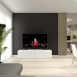 Wnętrze nowoczesnego salonu z czarną ścianą, białym regałem pod telewizorem prezentującym pokaz mody, drewnianymi panelami dekoracyjnymi, rośliną doniczkową i jadalnią z krzesłami w tle.