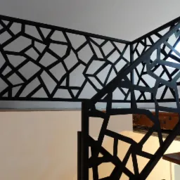 Nowoczesna, czarna balustrada schodowa z geometrycznym, ażurowym wzorem na białym tle ściany i drewnianych stopniach