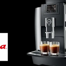 Automatyczny ekspres do kawy Jura WE8 z dwoma szklankami espresso na tacce, logo Jura w lewym dolnym rogu.