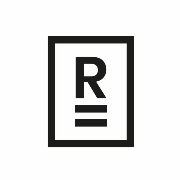 Proste, czarno-białe logo z literą 'R' i dwiema poziomymi liniami w prostokątnej ramce.
