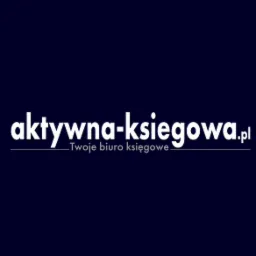 Logo biura rachunkowego 'aktywna-ksiegowa.pl' z hasłem 'Twoje biuro księgowe' na ciemnoniebieskim tle.