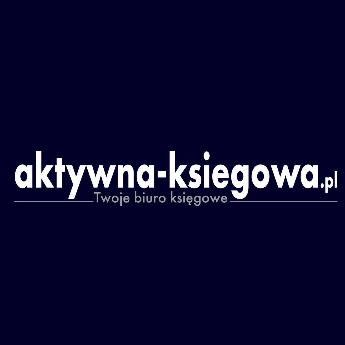 Logo biura rachunkowego 'aktywna-ksiegowa.pl' z hasłem 'Twoje biuro księgowe' na ciemnoniebieskim tle.