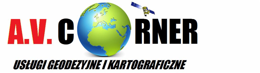Grafika z napisem A.V. Corner, globusem z kontynentami i satelitą, poniżej napis Usługi Geodezyjne i Kartograficzne.