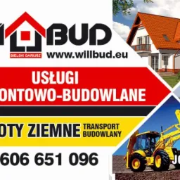 Kompozycja graficzna z logo firmy Willbud, zdjęciem domu z czerwonym dachem, wywrotki i koparko-ładowarki JCB 4CX na tle ziemi, z informacją o usługach remontowo-budowlanych, robotach ziemnych...