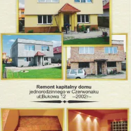 Kolaż zdjęć przedstawiający dom jednorodzinny w trakcie remontu kapitalnego, ukazujący etapy prac od stanu surowego do wykończonej elewacji i wnętrz, w tym schody i oświetlenie.