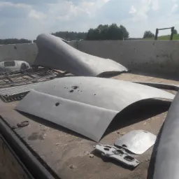 Elementy karoserii pojazdu, prawdopodobnie po obróbce strumieniowo-ściernej, leżą na pace samochodu ciężarowego, widoczne liczne otwory i niedoskonałości powierzchni.