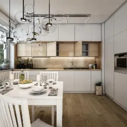 Jasna kuchnia z drewnianymi akcentami, oświetleniem sufitowym w formie szklanych kul i białym stołem z nakryciem dla czterech osób.