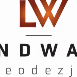 Logo firmy Landward Geodezja z brązowo-pomarańczowym symbolem LW nad nazwą firmy.