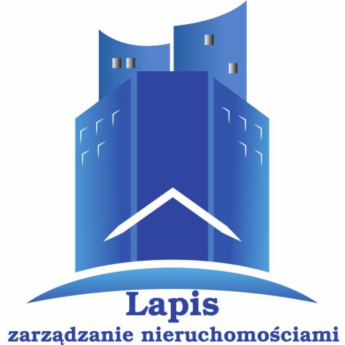 Graficzne logo firmy Lapis, przedstawiające stylizowane budynki w odcieniach niebieskiego z napisem 'Lapis zarządzanie nieruchomościami'.