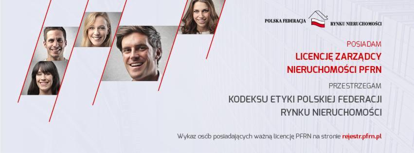 Grafika informacyjna Polskiej Federacji Rynku Nieruchomości z logo, hasłami i zdjęciami uśmiechniętych osób, promująca licencjonowanych zarządców nieruchomości PFRN.