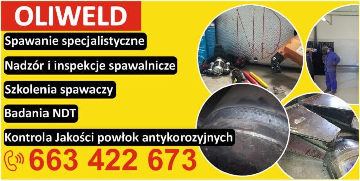Żółto-czerwona reklama firmy OLIWELD oferującej spawanie specjalistyczne, nadzór i inspekcje spawalnicze, szkolenia spawaczy, badania NDT i kontrolę jakości powłok antykorozyjnych, z numerem...