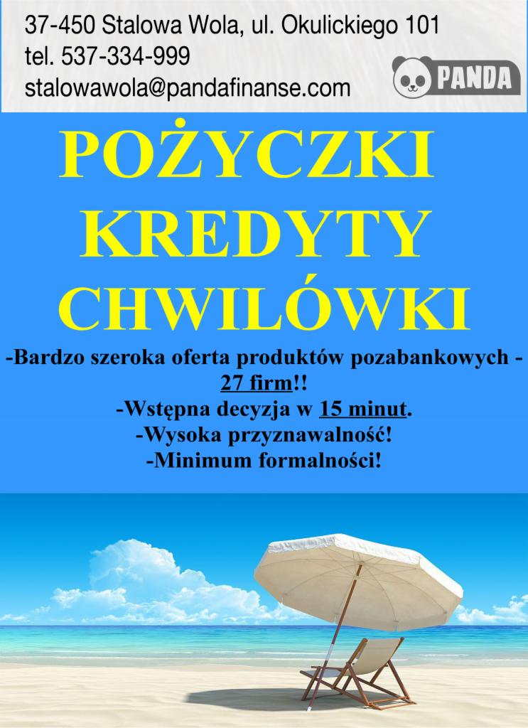 Reklama firmy finansowej z Stalowej Woli oferującej pożyczki, kredyty i chwilówki, z logiem PANDA, na tle plaży z parasolem i leżakiem.