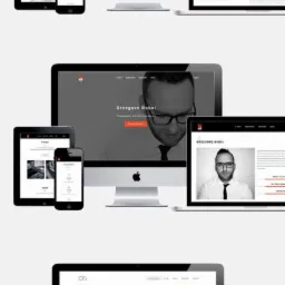 Prezentacja responsywnego projektu strony internetowej na różnych urządzeniach: komputerze stacjonarnym, laptopie, tablecie i smartfonie, ukazująca dostosowanie wyglądu do różnych rozdzielczości...