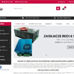 Fragment strony internetowej sklepu z częściami do ploterów laserowych, prezentujący zasilacze Reci i SPT, z widocznym menu kategorii po lewej stronie i przyciskiem 'Kup Teraz'.