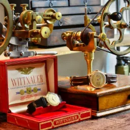 Warsztat zegarmistrzowski: Dwa zabytkowe zegarki Wittnauer, jeden w czerwonym pudełku z logo, drugi obok, na tle precyzyjnych narzędzi zegarmistrzowskich z kołami zamachowymi.