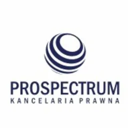 Logo Kancelarii Prawnej Prospectrum z Rzeszowa, przedstawiające stylizowaną kulę ziemską z poziomymi liniami w odcieniach niebieskiego, umieszczoną nad nazwą firmy i dopiskiem 'Kancelaria Prawna'...
