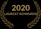 Złoty wieniec laurowy z napisem '2020 LAUREAT KONKURSU' na czarnym tle, symbol nagrody i uznania.