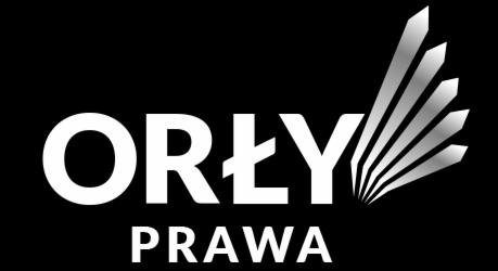 Logo 'Orły Prawa' z stylizowanymi piórami w kolorze srebrnym na czarnym tle.