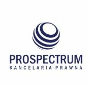 Logo kancelarii prawnej Prospectum, przedstawiające stylizowaną kulę ziemską w odcieniach niebieskiego, umieszczoną nad nazwą firmy i dopiskiem 'KANCELARIA PRAWNA' w mniejszej czcionce.