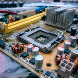 Zbliżenie na płytę główną komputera z widocznym gniazdem procesora, kondensatorami i cewkami, leżącą na folii.