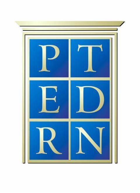 Stylizowane logo z niebieskimi kwadratami i złotymi literami układającymi się w słowo 'PTEDRN' w złotym obramowaniu.
