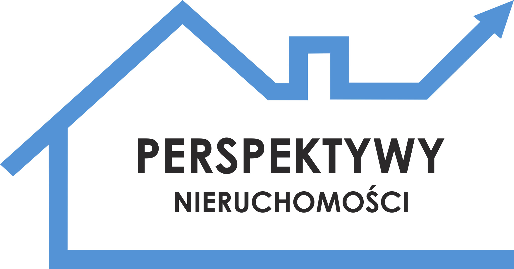 Logo firmy z nazwą 'Perspektywy Nieruchomości', przedstawiające stylizowany zarys domu w kolorze niebieskim, z dachem przechodzącym w strzałkę skierowaną ku górze, symbolizującą wzrost.