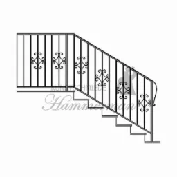 Wizualizacja schodów z balustradą z kutego żelaza, ozdobne elementy w kształcie spirali, czarne pręty na białym tle.