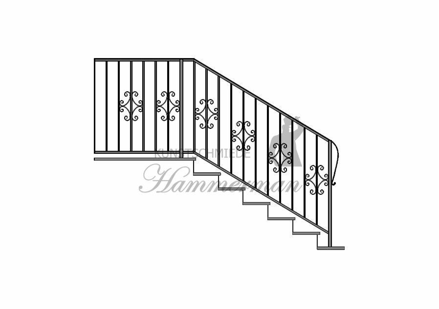 Wizualizacja schodów z balustradą z kutego żelaza, ozdobne elementy w kształcie spirali, czarne pręty na białym tle.